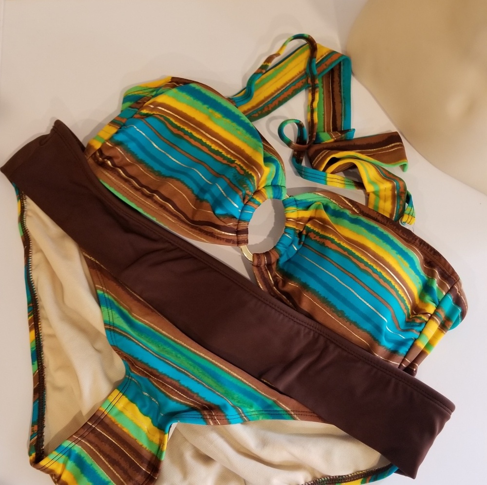 🏊‍♀️Faded Glory Brown Stripe Multi-color Swimsuit